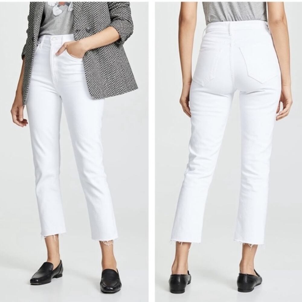 Agolde Riley High Rise Straight Cropped Jeans in Blurred White Size 29 Raw Hem